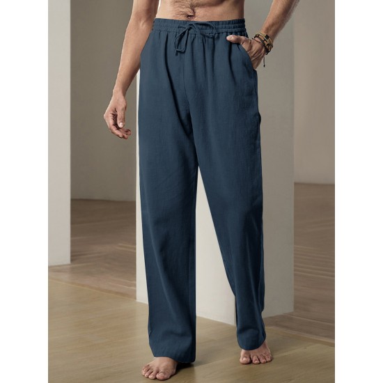 Men'S Casual Linen-Style Pants, Polyester, Loose Fit, Solid Color, Slight Stretch, with Drawstring Waist, for All-Season Weekend Casual Wear