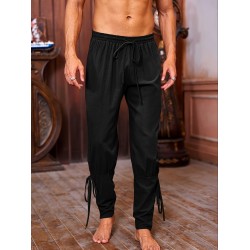 Men's Viking Renaissance-Inspired Casual Pants with Drawstring Waist and Tapered Legs - Solid Color, Polyester, Machine Washable