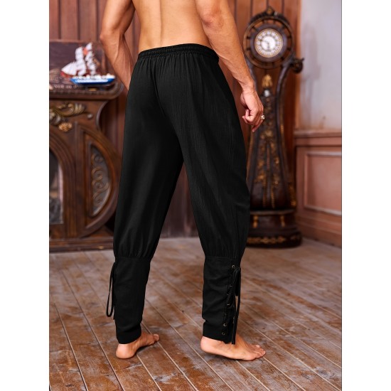 Men's Viking Renaissance-Inspired Casual Pants with Drawstring Waist and Tapered Legs - Solid Color, Polyester, Machine Washable