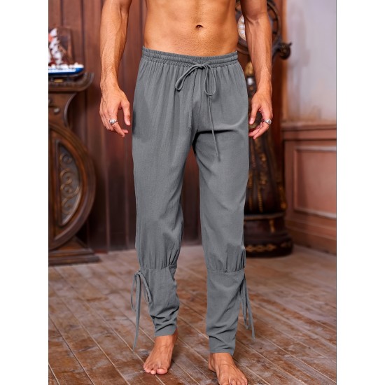 Men's Viking Renaissance-Inspired Casual Pants with Drawstring Waist and Tapered Legs - Solid Color, Polyester, Machine Washable