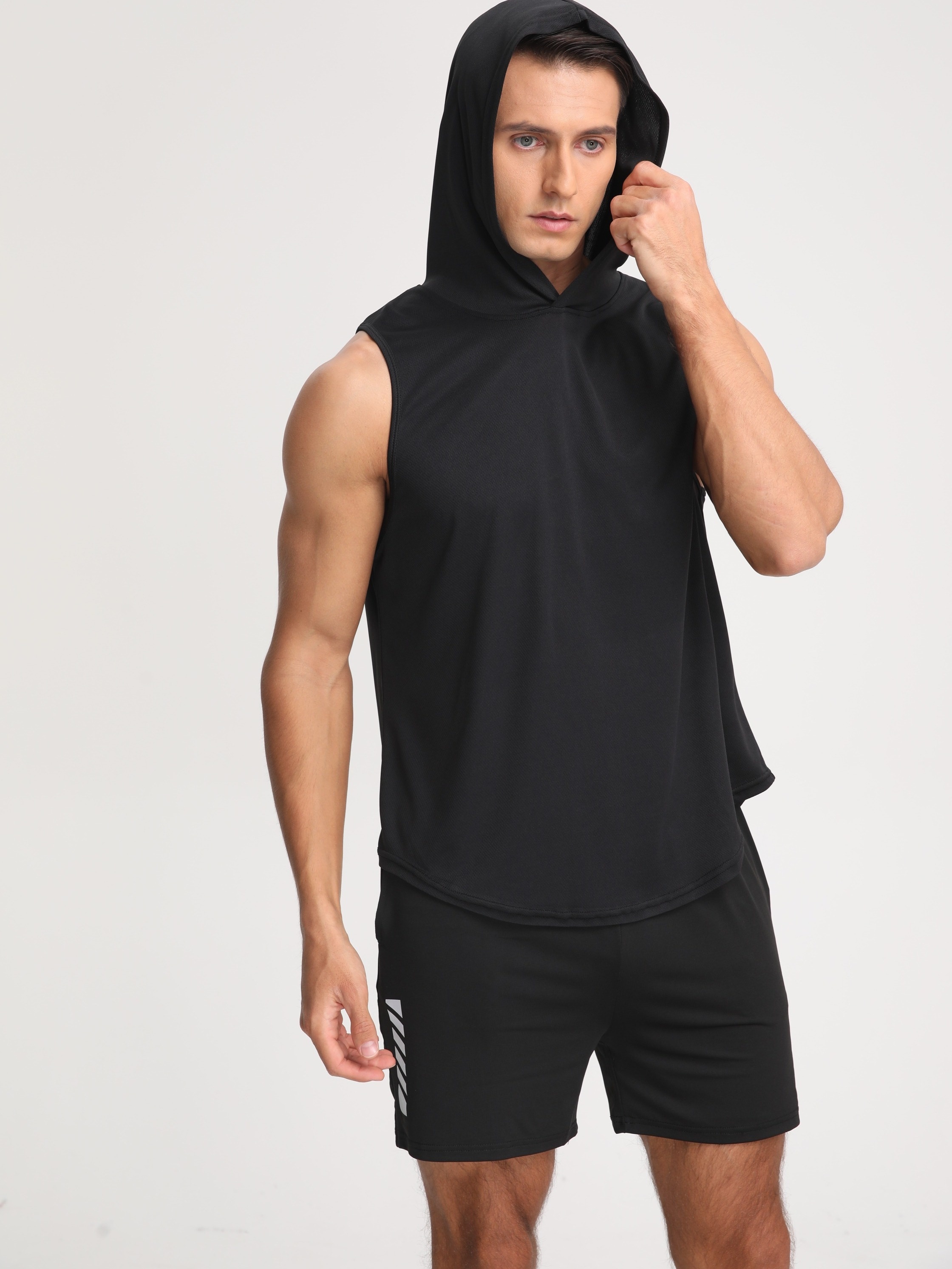 mens solid color   stretch hooded sweatshirt mens pullover tops for gym fitness spring and summer details 0