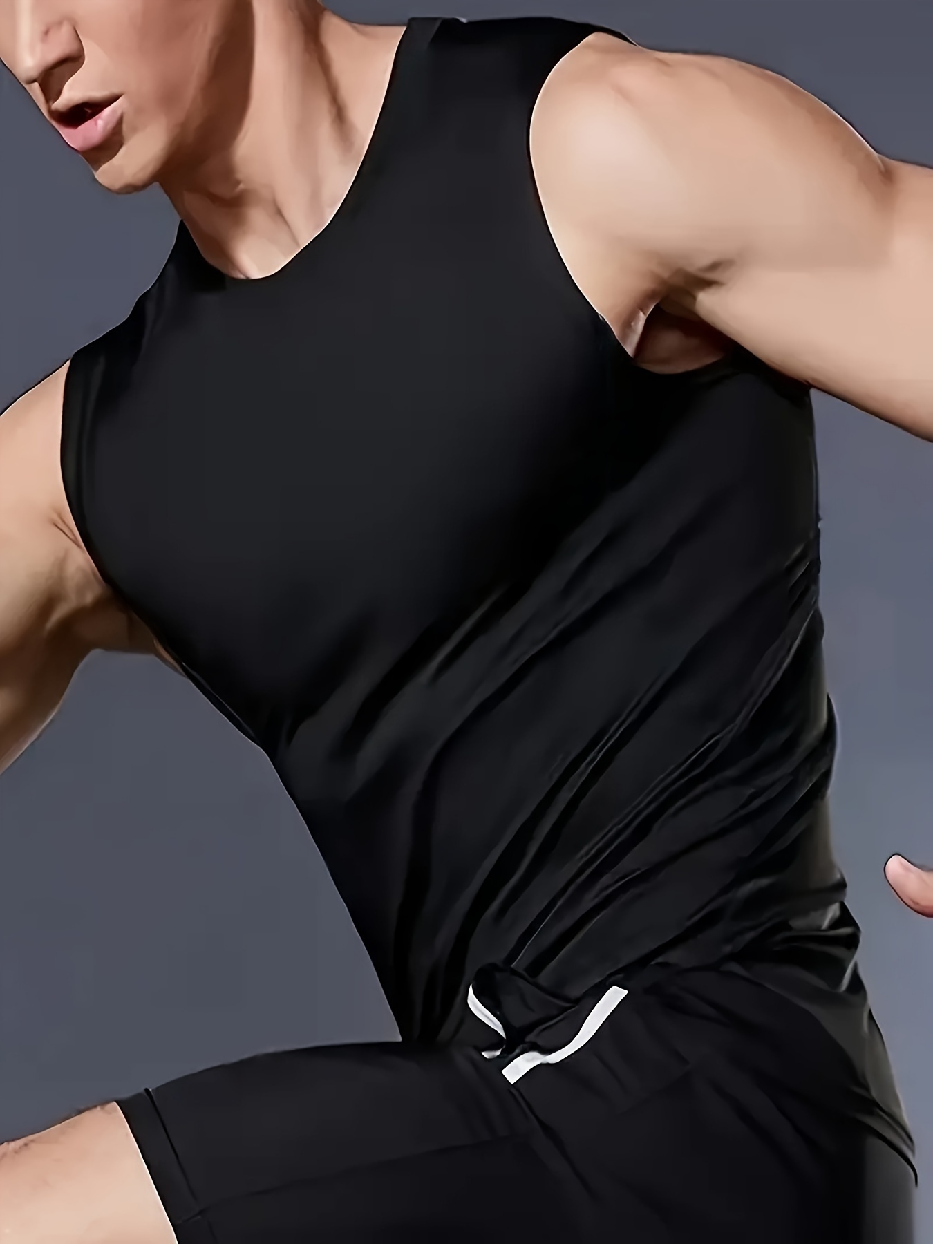 mens solid   top active crew neck high stretch skinny quick dry sleeveless top mens clothing for summer outdoor details 1