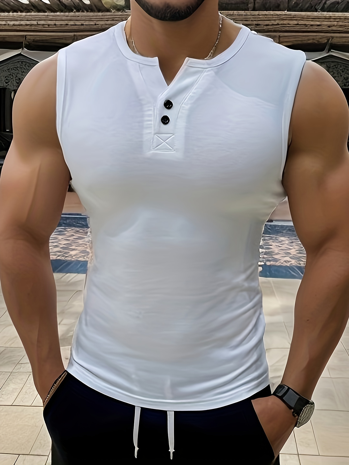 mens solid   top casual v neck sleeveless top mens clothing for summer outdoor details 0