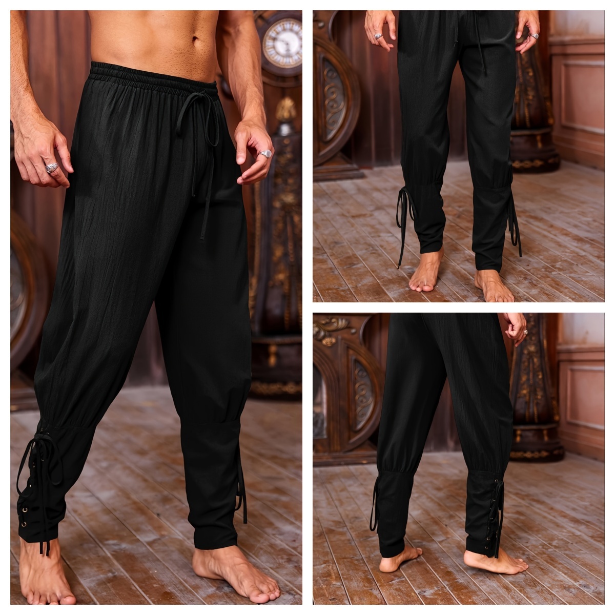 mens viking renaissance inspired casual pants with drawstring waist and tapered legs solid color polyester machine washable details 6