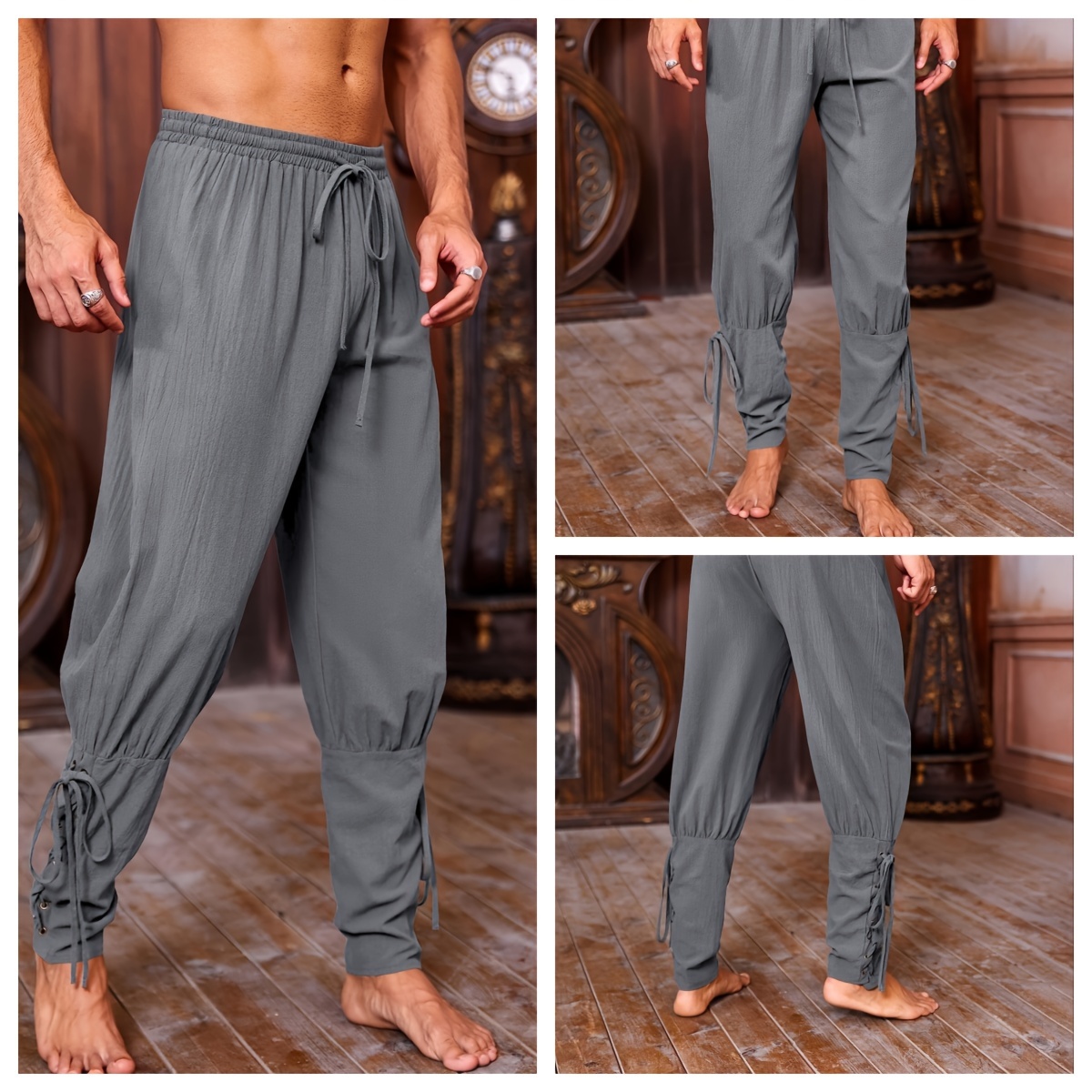 mens viking renaissance inspired casual pants with drawstring waist and tapered legs solid color polyester machine washable details 7