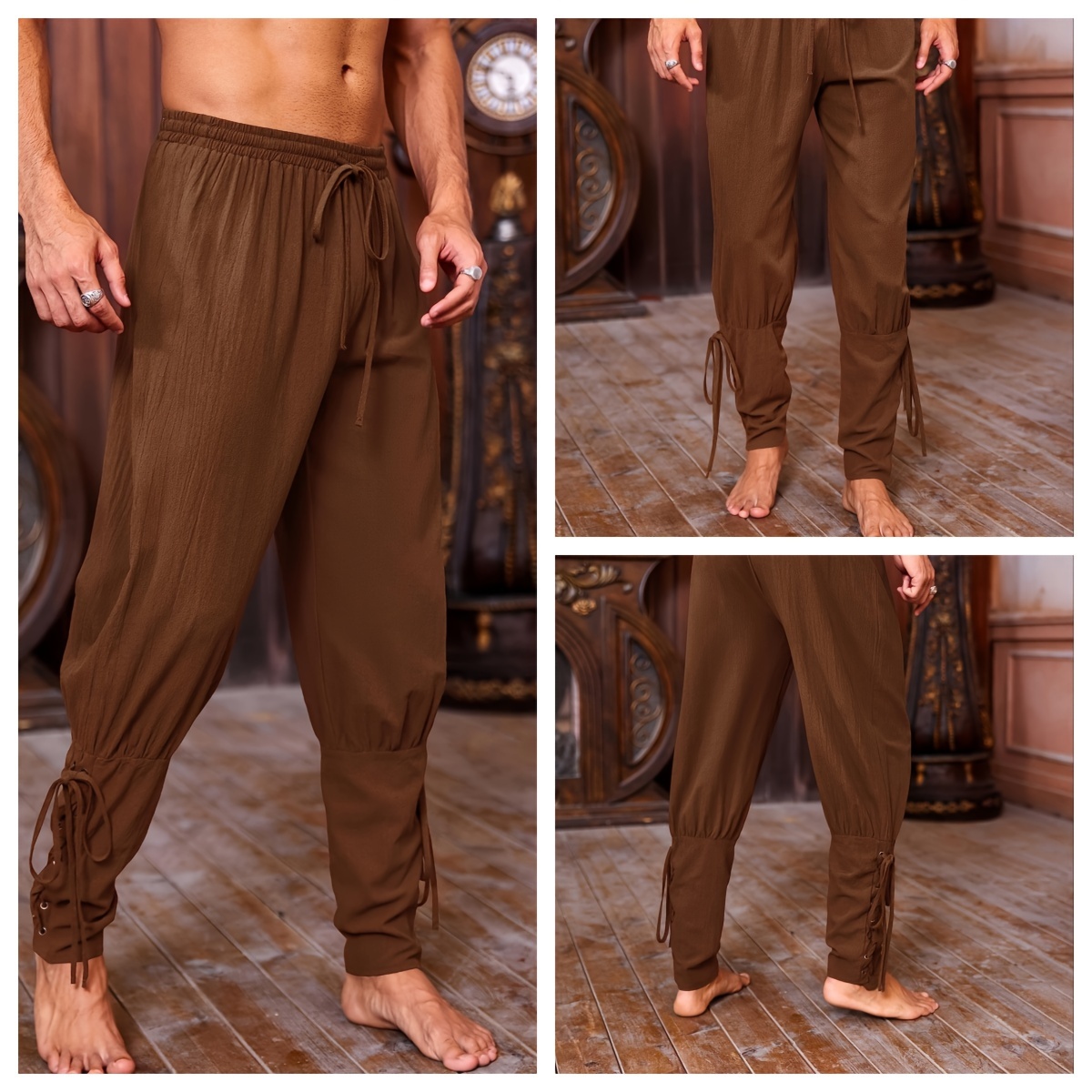 mens viking renaissance inspired casual pants with drawstring waist and tapered legs solid color polyester machine washable details 8